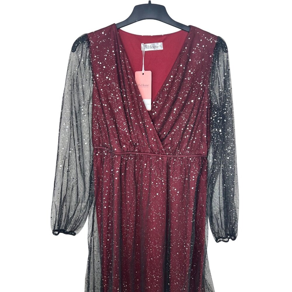 JJs House Burgundy A-Line Dress XL Womens Sparkly Party Gown With Sheer Sleeves - Picture 13 of 16